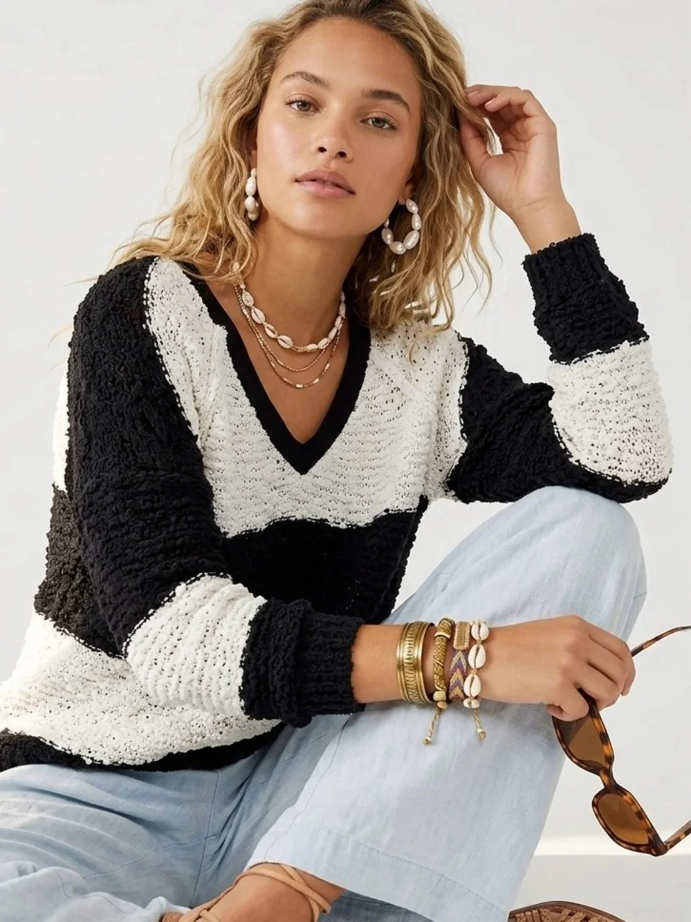 Free People Stripe Songbird Pullover V-Neck Boucle Knit Sweater Black White Sz S